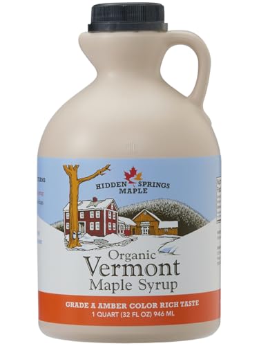 Hidden Springs Maple Organic Vermont Maple Syrup, Grade A Amber Rich, 32 Ounce, 1 Quart, Family Farms, BPA-free Jug