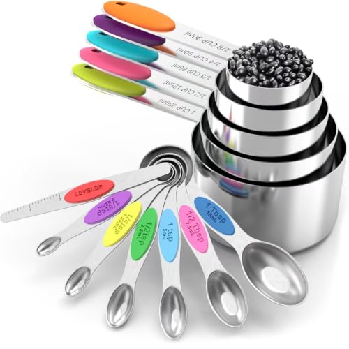 TILUCK measuring cups and magnetic measuring spoons set, stainless steel measuring cups, 6 double-sided stainless steel