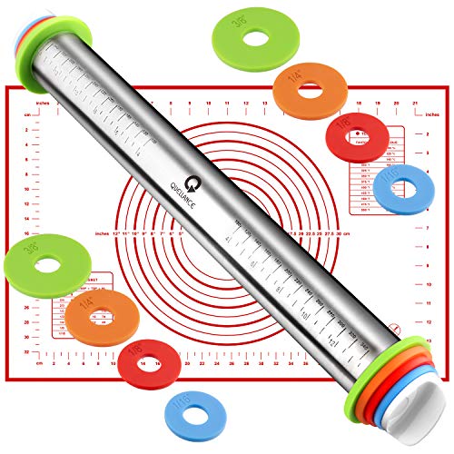 Stainless Steel Rolling Pin & Baking Mat Set with Adjustable Thickness Ring