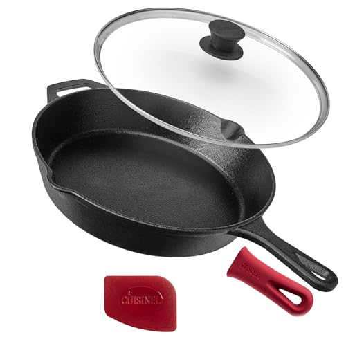 Cuisinel Cast Iron Skillet with Lid - 12"-Inch Frying Pan + Glass Cover + Silicone Handle Holder - PFAS and PFOA-free Pr