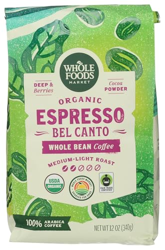 Whole Foods Market, Organic Espresso Bel Canto Whole Bean Coffee, Medium-Light Roast, Berries & Cocoa Powder, 12 Ounce
