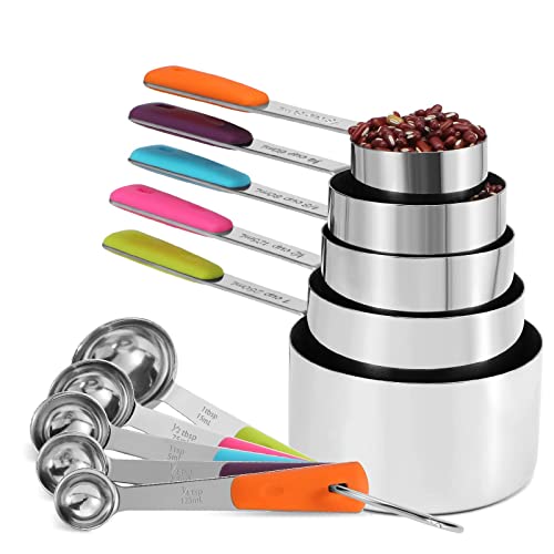 Bopei Measuring Cups and Spoons Set Stainless Steel 10 Piece for Cooking and Baking (5 Cups + 5 Spoons, Colorful Handles