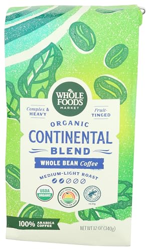 Whole Foods Market, Organic Continental Blend Whole Bean Coffee, Medium-Light Roast, Complex & Heavy, Fruit-Tinged, 12 O