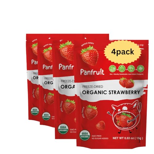 Panfruit Organic Freeze-Dried Strawberries – Whole Fruit Snack, 4 Single Packs (0.53 oz Each), No Sugar Added, Non-GMO,