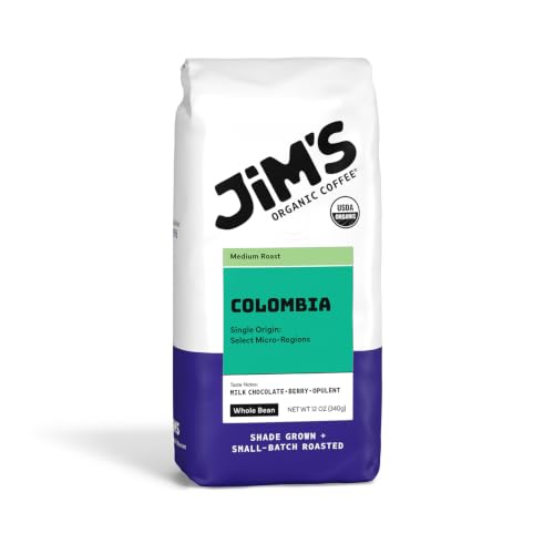 Jim’s Organic Coffee – Colombian – Single Origin, Medium Roast - Whole Bean 12 oz Bag