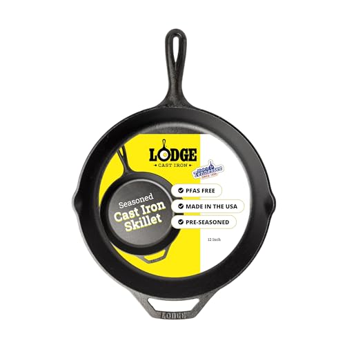 Lodge Seasoned Cast Iron Skillet 12 Inches - PFAS-Free, Non-Toxic Cookware - Use with an Oven, Stove, Grill, or Campfire