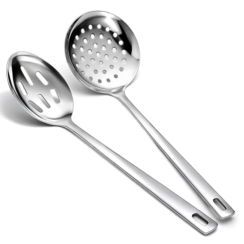 Berglander Slotted Spoons for Straining 2 pcs 13", Stainless Steel Kitchen Spider Strainer Skimmer Ladle for Straining P