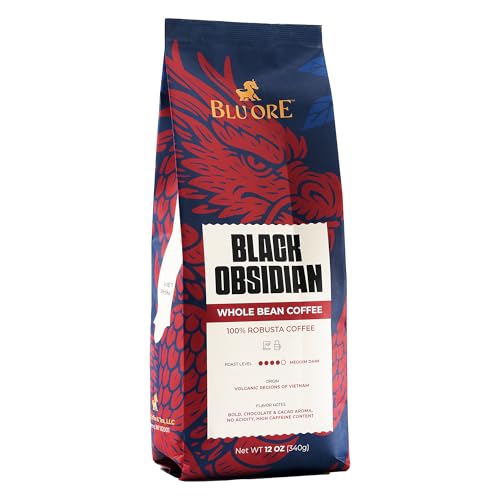 Blu Ore Black Obsidian Robusta Coffee Beans – Single Origin Vietnamese Whole Bean Coffee, Bold Strong Espresso Beans wit