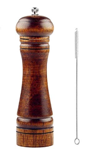 Wooden Pepper Mill or Salt Mill with a cleaning brush - 8 inch tall - Best Pepper or Salt Grinder Wood with a Adjustable
