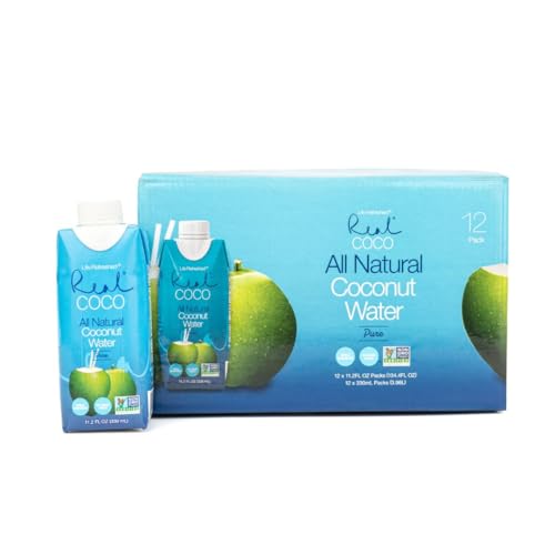 Real Coco All Natural Pure Coconut Water (12-Pack 330mL), Single Ingredient, No Added Sugar, Plant Based, Packed with El