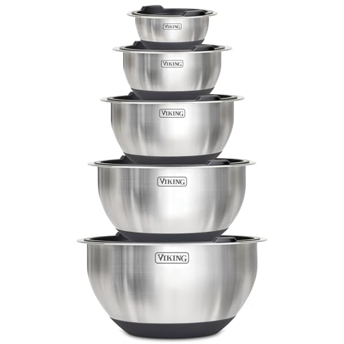 Viking Mixing Bowls Set, 10 Piece Stainless Steel Kitchen Cookware, Non-Slip Silicone Base, Includes Tight Fit Lids, Dis