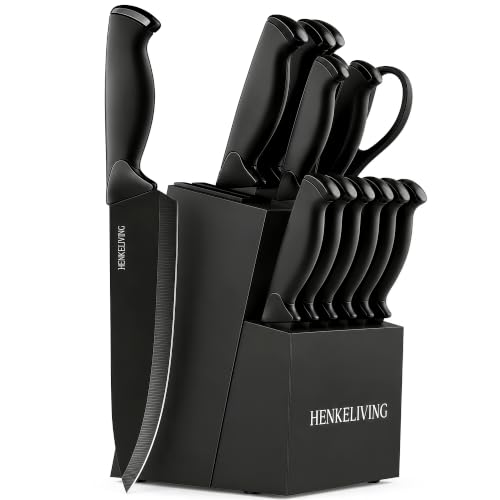 HENKELIVING 14-Piece Black Kitchen Knife Block Set with Built-In Sharpener