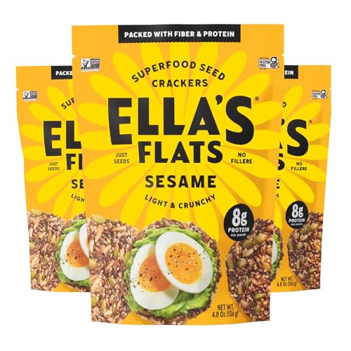 ELLA’S FLATS® Sesame All Seed Savory Crisps – All Natural, Gluten Free, Good Source of Protein, High Fiber, Vegan and Ke