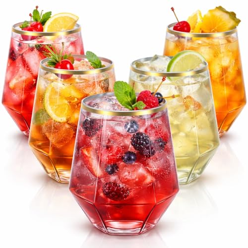 Oojami 40 count Diamond 12 Ounce Gold Rim Cups Unbreakable Stemless Plastic Wine Champagne Whiskey Glasses Elegant Durab