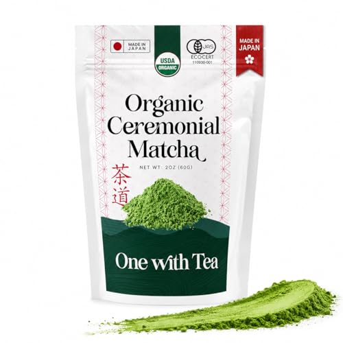 ONE WITH TEA Organic Ceremonial Matcha Powder, Stone-Ground Japanese Green Tea, Premium Grade, Made in Japan, 2 oz (60 g