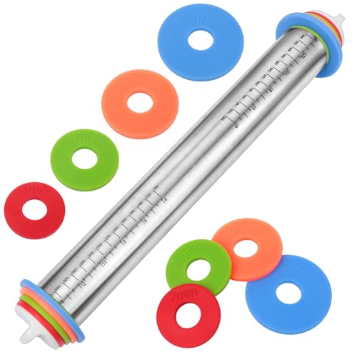 Adjustable Rolling Pin with Thickness Rings for Baking, Stainless Steel Designs Dough Roller Pins for Cookie Decorating
