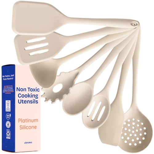 NonToxic Platinum Silicone Utensils, 100% Plastic-Free, 8-Pcs, Beige