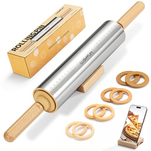 LUSHYUM Adjustable Rolling Pin with Thickness Rings 304 Stainless Steel Dough Roller with Dual-Purpose Stand Detachable