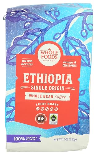 Whole Foods Market, Ethiopia Single Origin Whole Bean Coffee, Light Roast, Cocoa Powder, Dried Berries & Orange, 12 Ounc