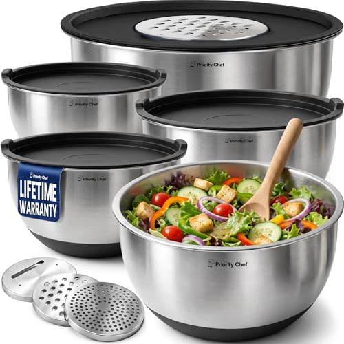 Priority Chef Stainless Steel Mixing Bowls with Lids Set, 3 Grater Attachments, Airtight Lids, Non-Slip Silicone Base Mi