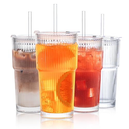 INSETLAN 20 oz Ribbed Glass Tumblers with Lids and Glass Straws – 4-Piece Glassware Set, Thickened Glass, Ideal for Iced Coffee, Smoothies, Cocktails, and Juices – Elegant and Durable Drinkware