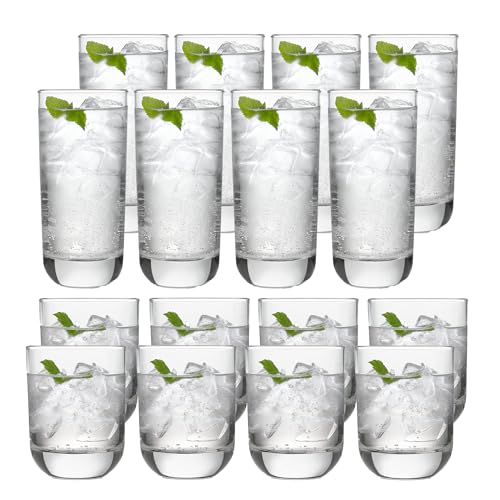 Libbey 31631 Polaris 16-Piece Tumblers and Rocks Glass Set, Drinkware Glasses Set of 15.2 Oz Tumbler & 11.1 Oz Rock Glasses, Clear Drinking Glasses Set of 16