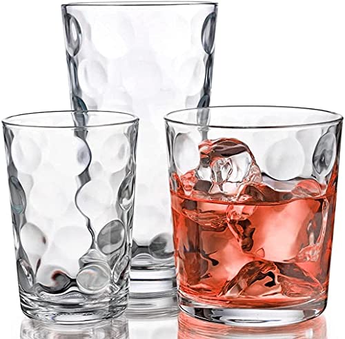 Home Essentials & Beyond Glassware Set 18 Piece Mixed Drinkware Set. 6 Highball Tumblers-17 oz., 6 Rock Whiskey-13 oz., and 6 Juice-7 oz. All Size Glass Cups Drinking Glasses.