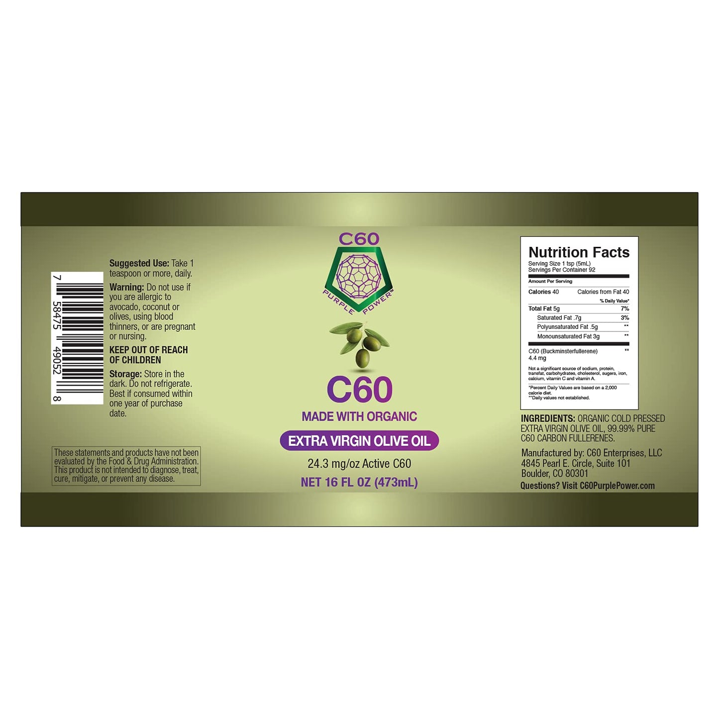 C60 Power - EVOO 16-oz.- Organic Extra Virgin Olive Oil, 16 Fl Oz, 99.99% Pure Carbon Fullerenes, Lift Oxidative Burden, Optimize Mitochondrial Function