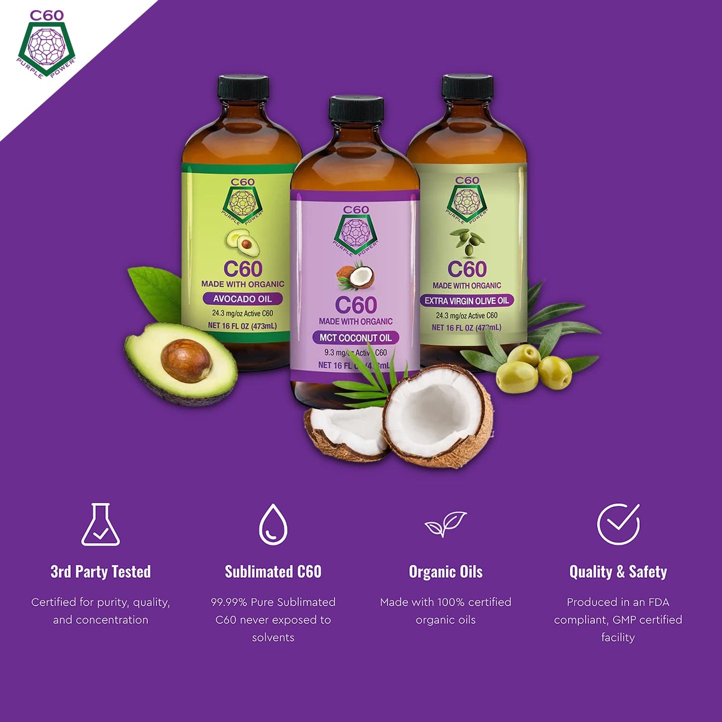 C60 Power - EVOO 16-oz.- Organic Extra Virgin Olive Oil, 16 Fl Oz, 99.99% Pure Carbon Fullerenes, Lift Oxidative Burden, Optimize Mitochondrial Function