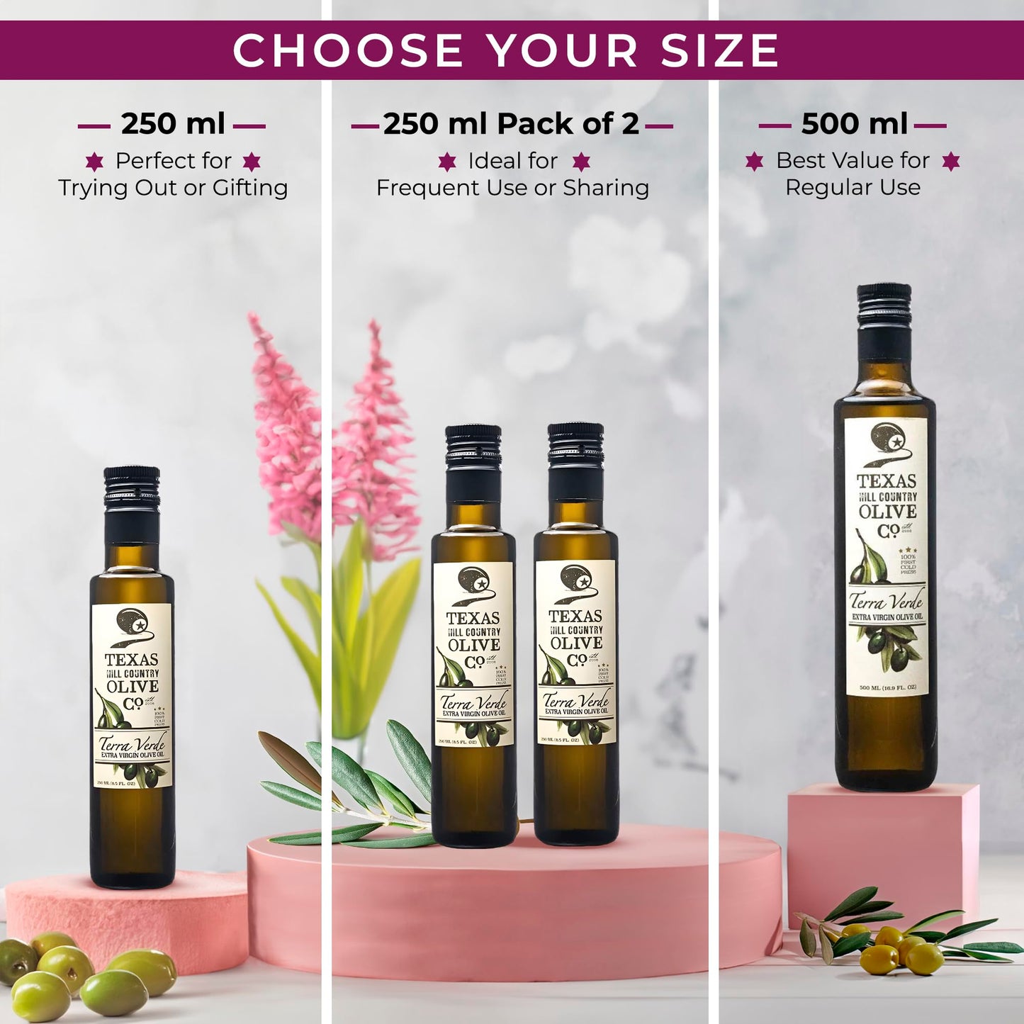 Texas Hill Country Olive Co Terra Verde Extra Virgin Olive Oil - Cold Pressed EVOO Gourmet Olive Oil - Rich & Fruity - Perfect for Finishing & Dressing - Award Winning & Made in Texas (8.5 oz)