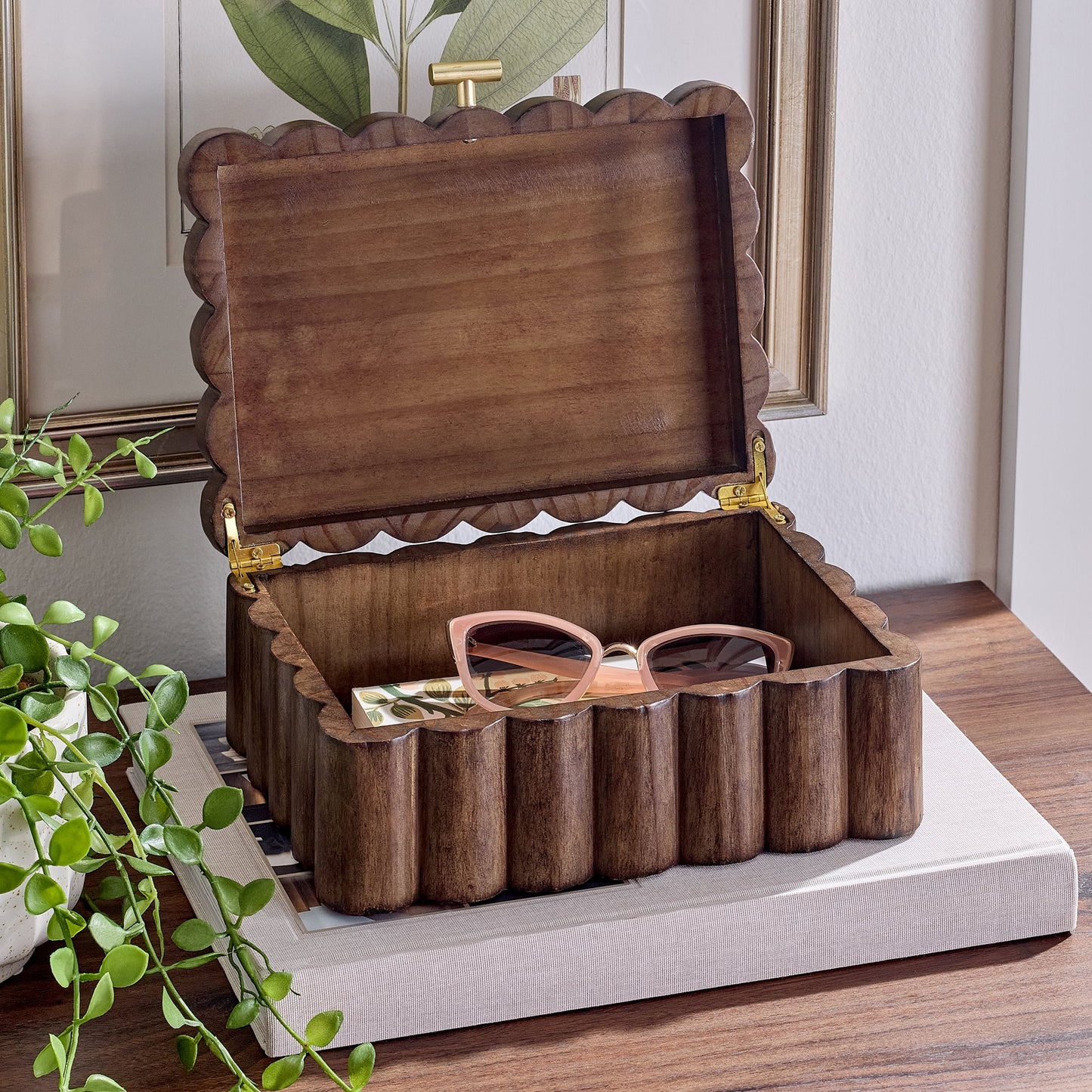 Better Homes & Gardens Scalloped Wooden Jewelry Box, Trinket Organizer with Lid, Decorative Storage for Rings, Earrings, Keepsakes, Nightstand or Dresser Display, Natural Wood Finish