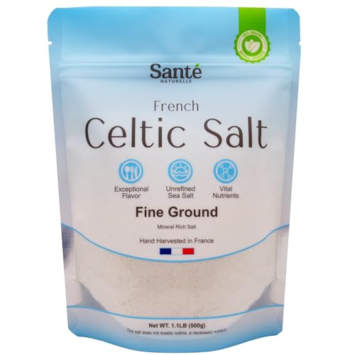 Sante Naturelle Celtic Salt Organic Fine Ground - 1.1lb (18oz) Unrefined French Mineral Sea Salt Organic, Rich in 82+ Mi