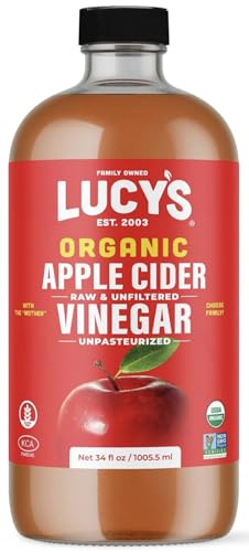 Lucy's Family Owned - USDA Organic NonGMO Raw Apple Cider Vinegar, Unfiltered, Unpasteurized, With the Mother, 34oz GLAS