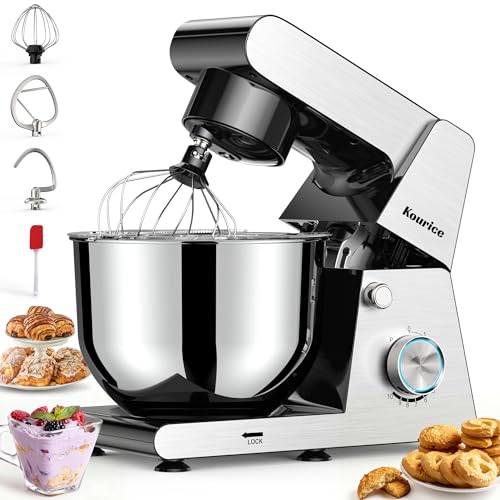 Kourice 6.5QT Tilt-Head Stand Mixer, Heavy Duty Pro 10-Speed Electric Mixer, Stainless Steel Cladding & Bowl with Dough 