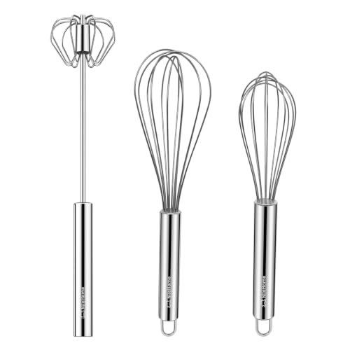 NileHome Stainless Steel Whisk Set 8" 10" Hand Blender + 12" Semi-Automatic Rotary Kitchen Whisk Kitchen Wisk Wire Whisk