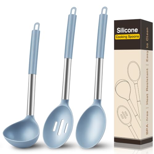 3Pcs Silicone Cooking Spoon Set, Kitchen Utensils Include Solid & Slotted Spoon, Soup Ladle, Food-Grade Heat Resistant 4