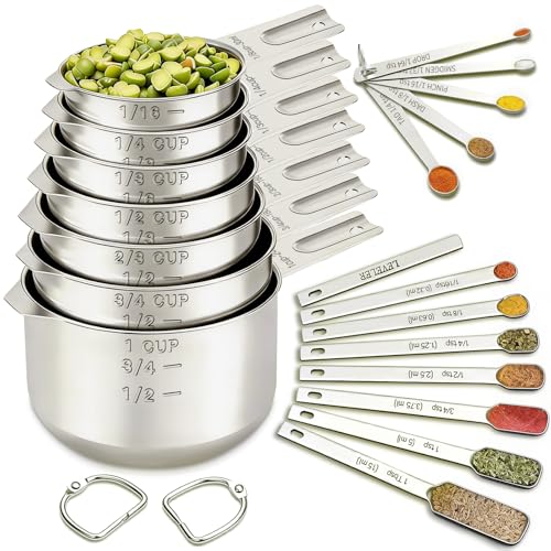 EWFEN Measuring Cups and Spoons Set, 7 Stainless Steel Nesting Measuring Cups & 7 Spoons, 5 Mini Measuring Spoons &1 Lev
