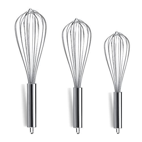 Berglander Whisk Set Pack of 3, Stainless Steel Whisks for Cooking 8",10",12", Wire Ballon Wisk (Silver)