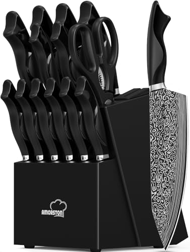 Knife Set, 15 Pieces Kitchen Knife Set with Built in Sharpener, High Carbon German Stainless Steel Knife Block Set, Dish