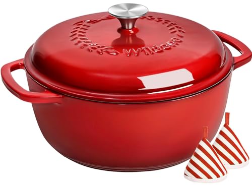 Enameled Cast Iron Dutch Oven - Wildone 6QT Pot with Lid & Cotton Potholders - Oven Safe Enamel Cookware for Bread Bakin