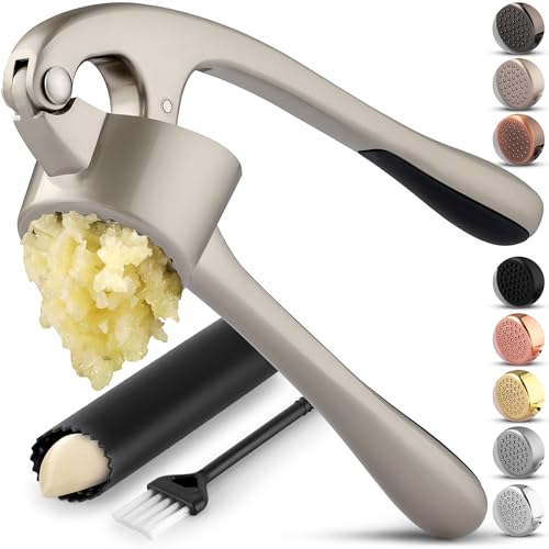 Zulay Kitchen Large Premium Garlic Press Set - Bigger Bowl for Bigger Garlic - Rust Proof Garlic Mincer Tool - Easy-Sque