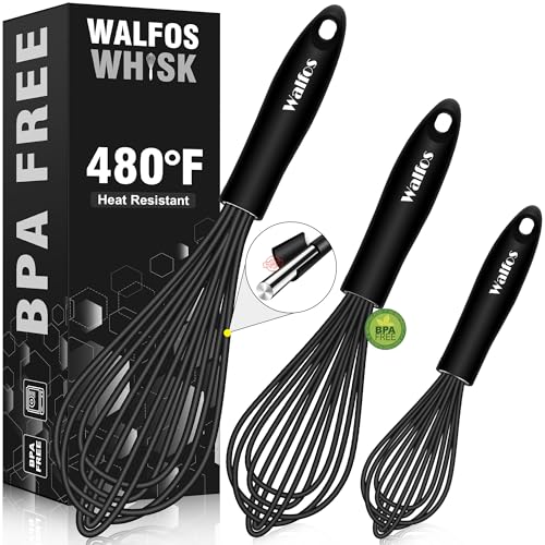 Walfos Silicone Whisk,Stainless Steel Wire Whisk Set of 3 -Heat Resistant 480°F Kitchen Whisks for Non-stick Cookware,Ba