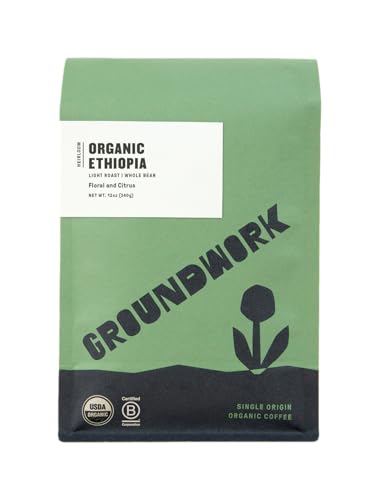 GROUNDWORK Ethiopia Heirloom Blend - Whole Bean Coffee Light Roast - USDA Organic Single Origin Coffee - 12oz (Pack of 1