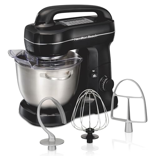 Hamilton Beach Electric Stand Mixer, 4 Quarts, Dough Hook, Flat Beater Attachments, Splash Guard 7 Speeds with Whisk, Ea