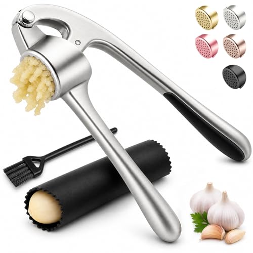 Kitchen Garlic Press, Rust Proof & Dishwasher Safe Garlic Mincer, Durable Garlic Crusher Set with Peeler＆Brush, Easy to 