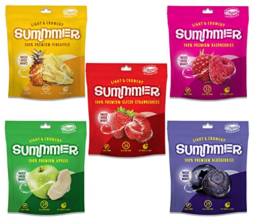 Summmer Freeze Dried Fruit Mix 2 oz - 5 Snack Bags - Strawberries, Raspberries, Pineapples, Blueberries & Apples - No Ad