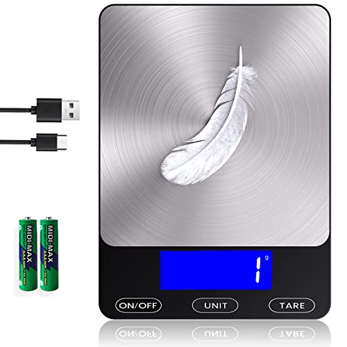 Food Scale -33lb Digital Kitchen Scale for Food Ounces Grams Rechargeable 304 Stainless Steel,Batteries and Type-C Charg