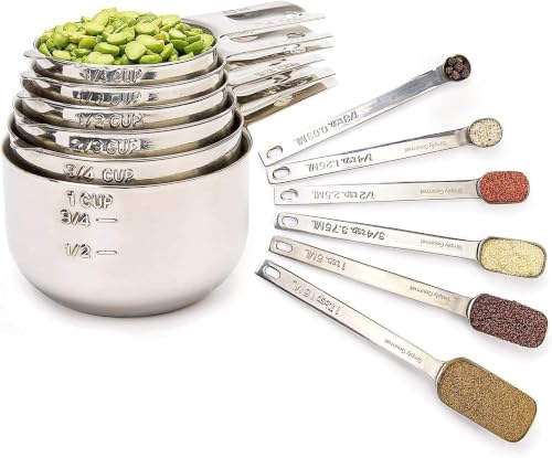 Simply Gourmet Measuring Cups & Spoons Set of 12, 18/08 Stainless Steel Kitchen Gadgets, Stackable Design with Long Hand