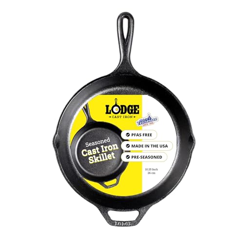 Lodge Seasoned Cast Iron Skillet 10.25 Inches - PFAS-Free, Non-Toxic Cookware - Use with an Oven, Stove, Grill, or Campf