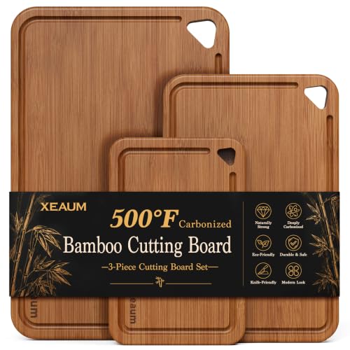 Bamboo Cutting Board for Kitchen, 3-Piece Wooden Cutting Board Set with Juice Grooves, Side Handles, Non-Slip Mats, Reve